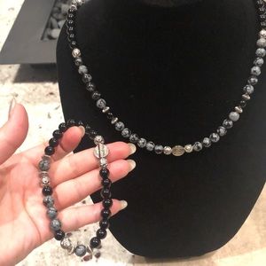 Handmade snowflake obsidian mens necklace set with magnetic closure,bracelet(XL)